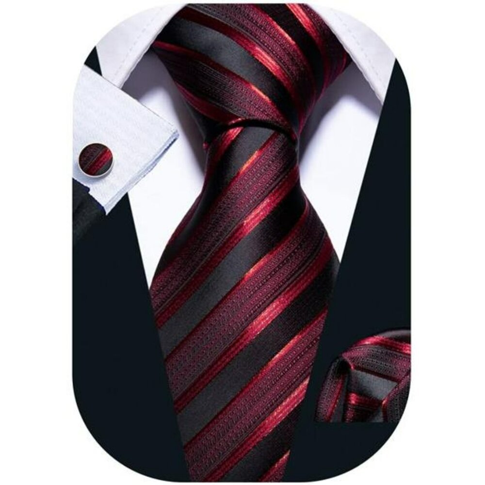 Mens Stripe Tie Set with Cufflinks Pocket Square Formal Wedding Business Suit